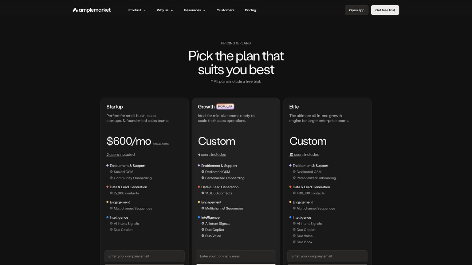 Página de preços do Amplemarket com os planos Startup, Growth e Elite