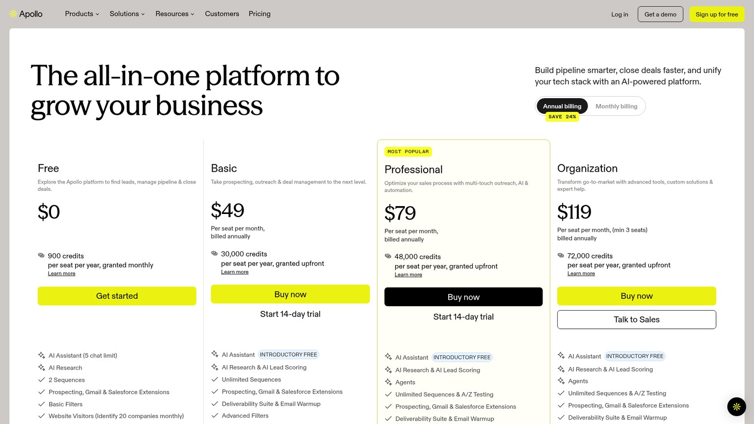Página de preços do Apollo com os planos Basic e Professional