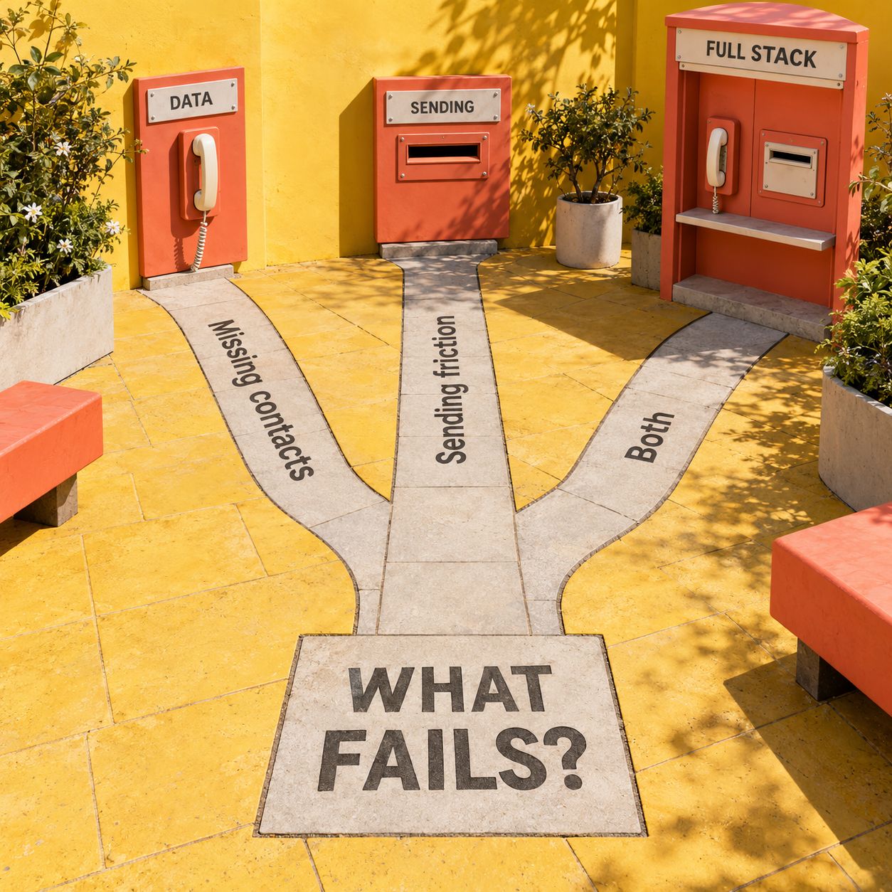 Three courtyard paths connect missing contacts to data, sending friction to sending, and both problems to a full stack
