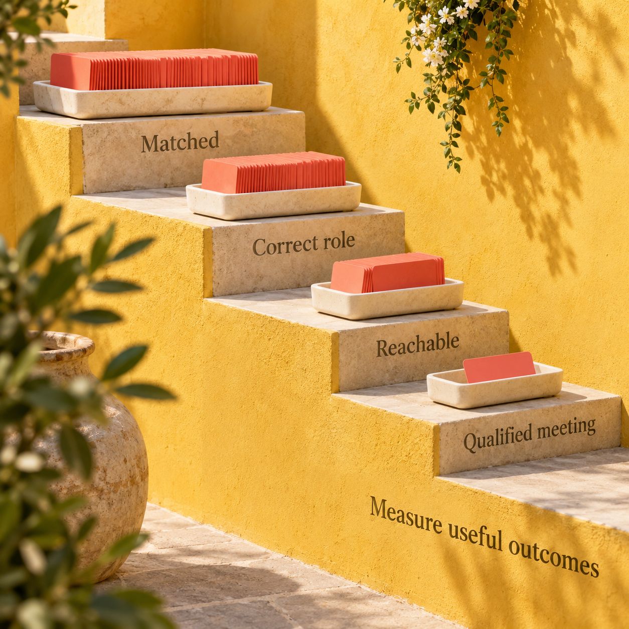 A descending staircase narrows contact cards from matched to correct role, reachable and qualified meeting
