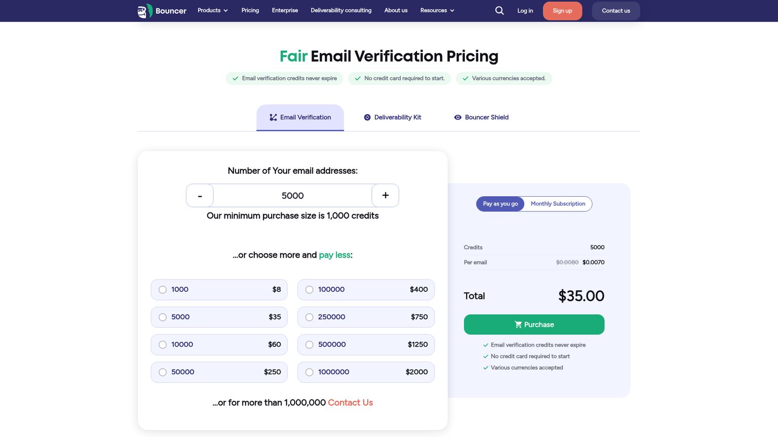Bouncer pricing page with pay-as-you-go verification credits and separate Deliverability Kit plans