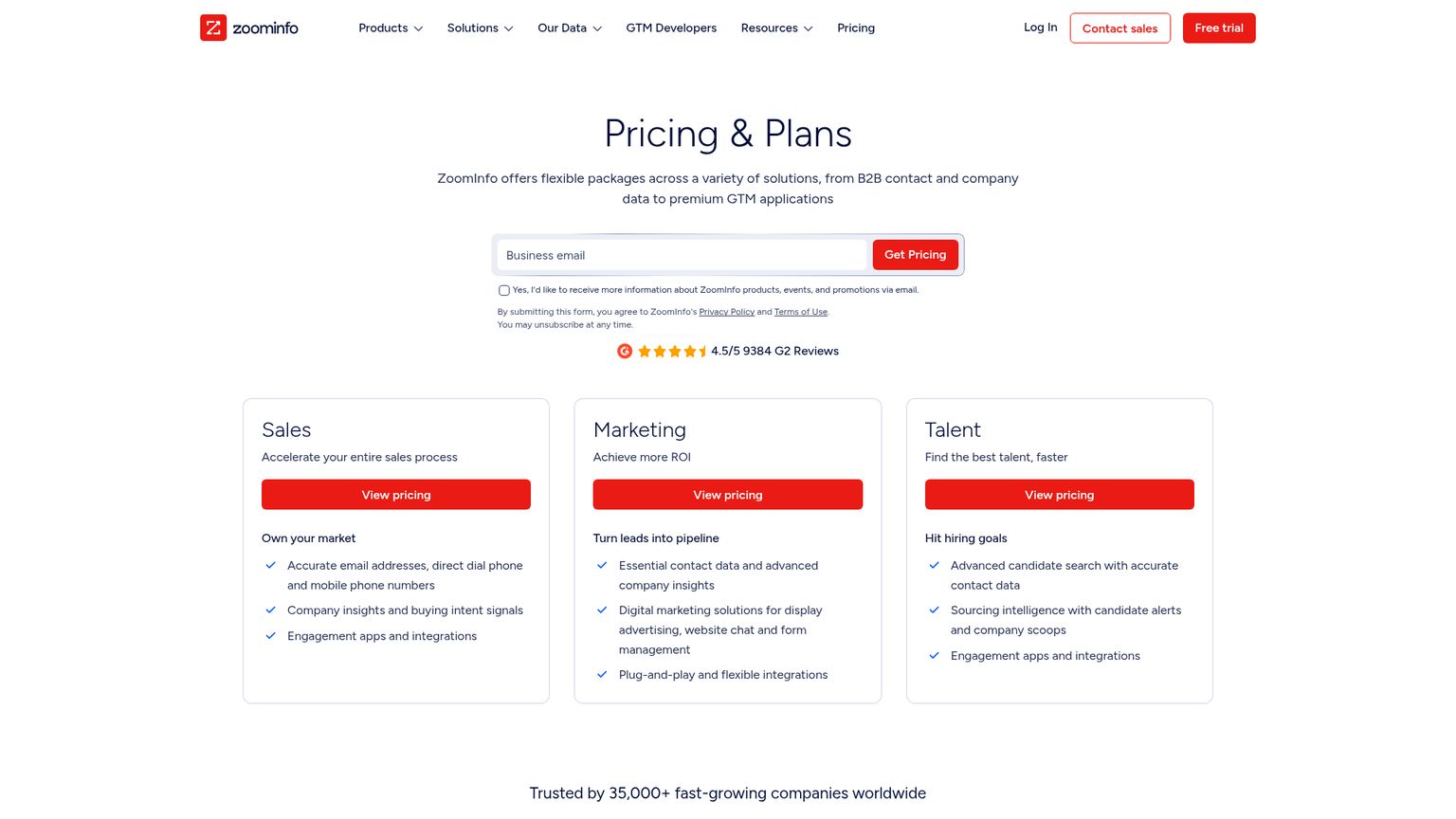 ZoomInfo pricing page with Professional, Copilot Advanced and Copilot Enterprise sales packages