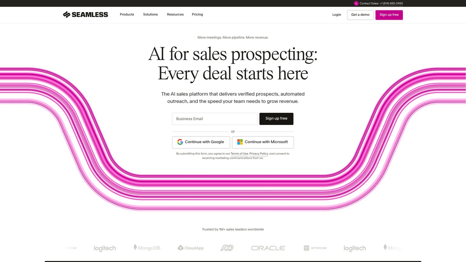 Seamless.AI product page showing Data Engine, Engagement Hub, AI Agents and Automation Network