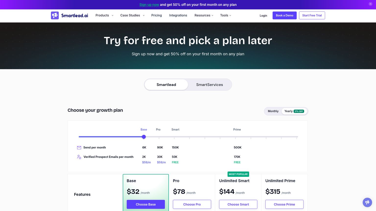 Smartlead pricing page with Base, Pro, Unlimited Smart and Unlimited Prime plans
