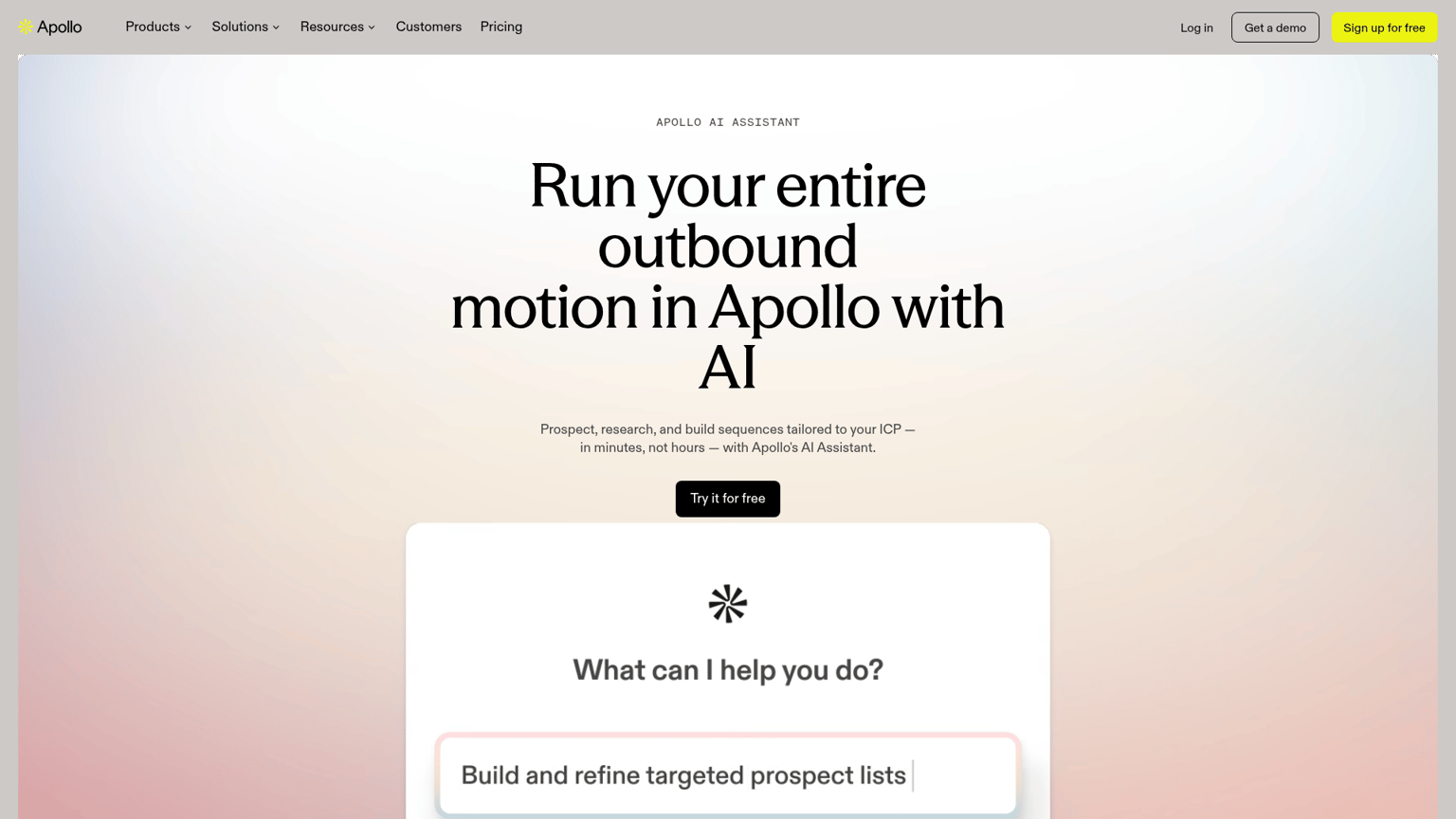 Apollo AI Assistant page describing list building, research, enrichment and sequence creation