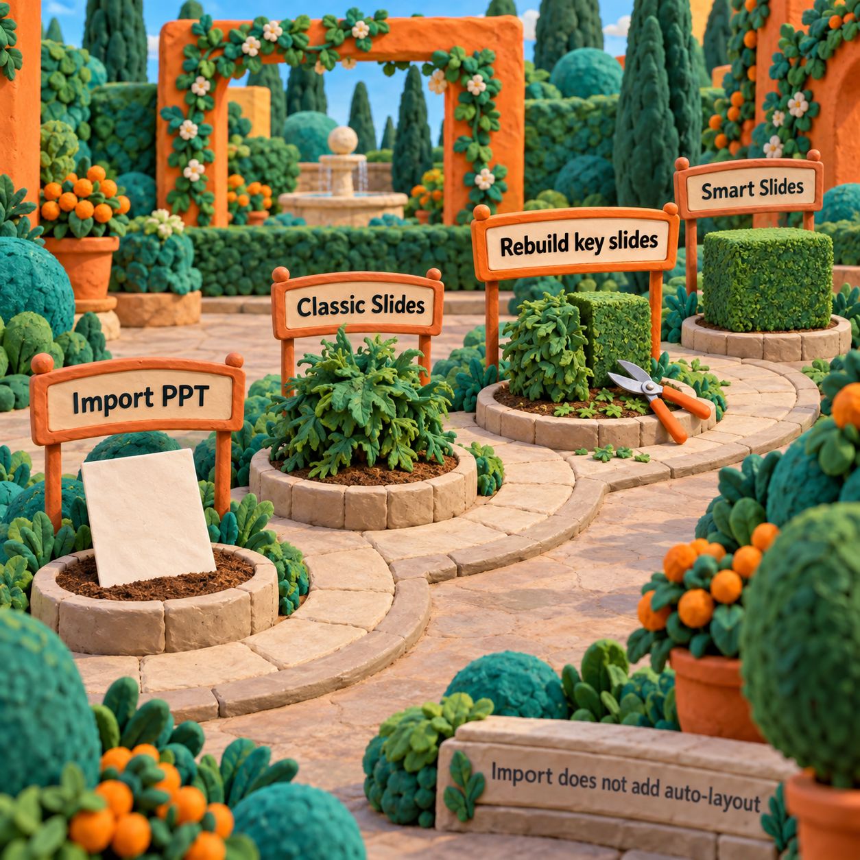 A clay garden path showing PowerPoint import becoming Classic Slides before manual rebuilding into Smart Slides