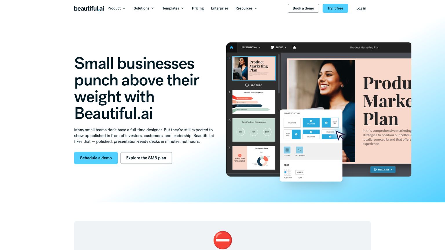 Beautiful.ai small-business page with SMB 50 and SMB 100 flat annual plans