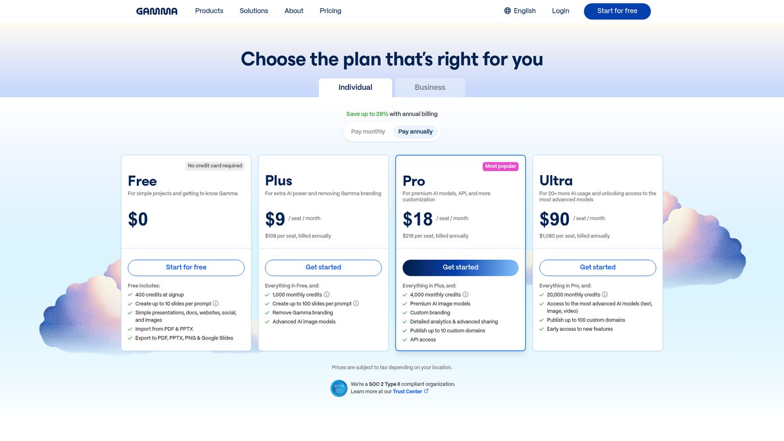 Gamma public pricing page with individual plans and AI allowances