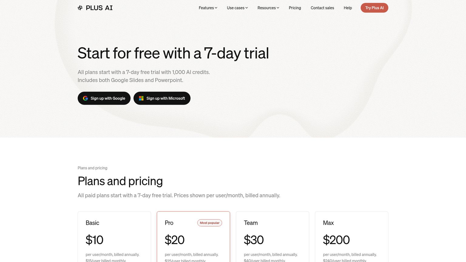Plus AI pricing page showing native presentation editor plans
