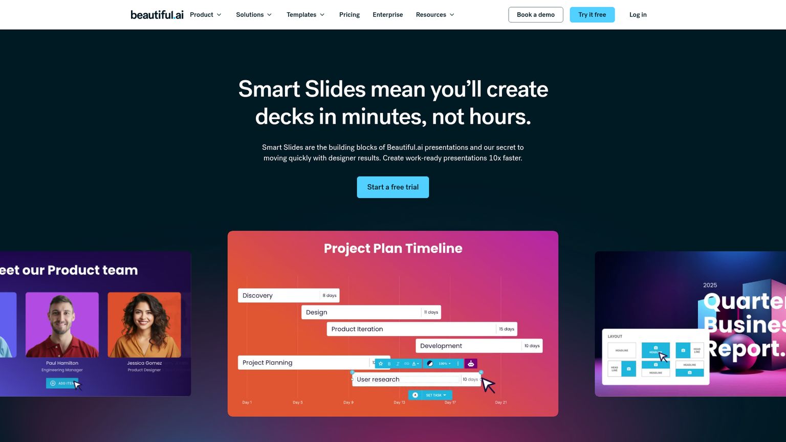 Beautiful.ai Smart Slides page explaining automatic spacing and layout