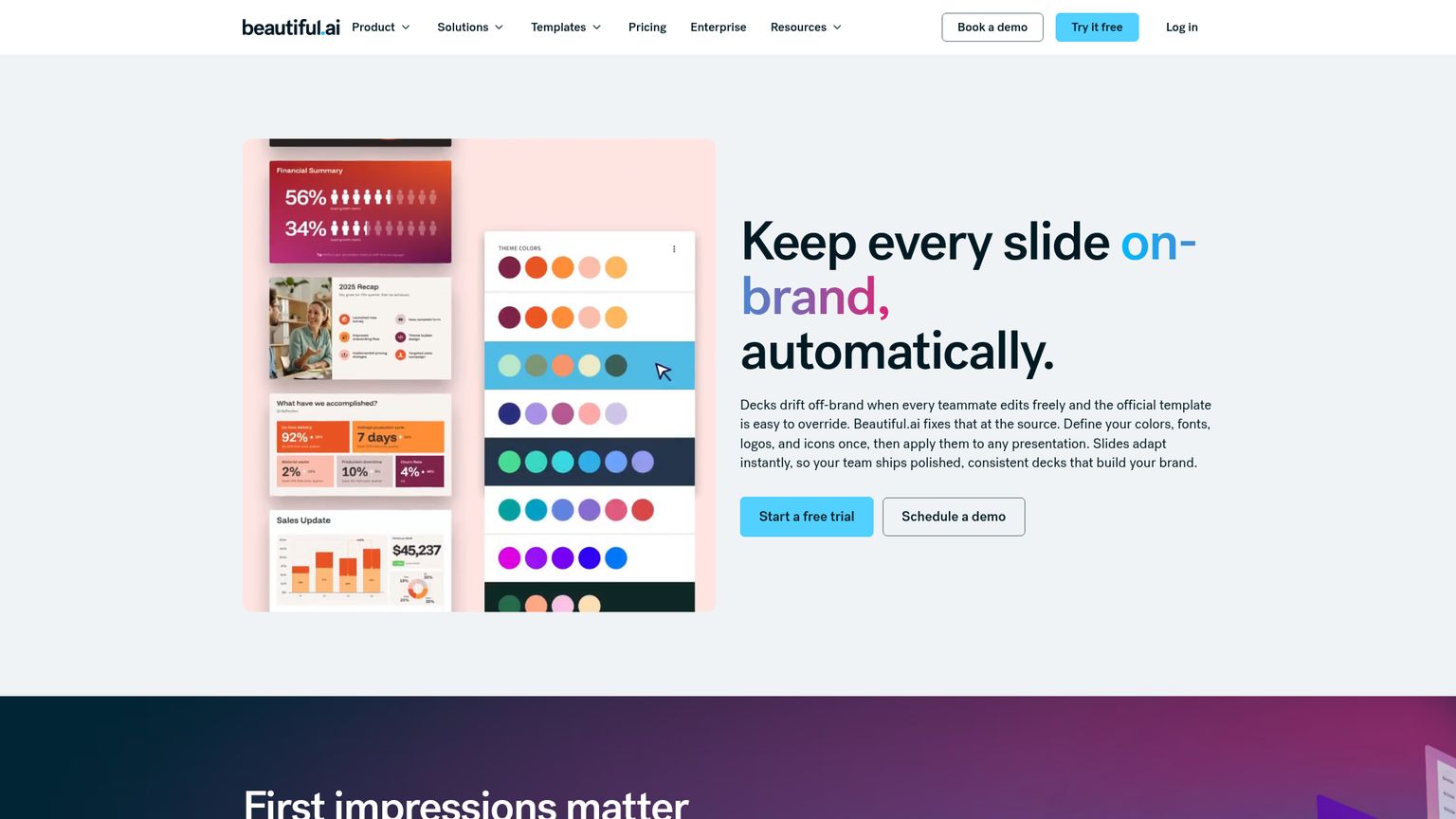Beautiful.ai brand controls page with themes, libraries and reusable slides