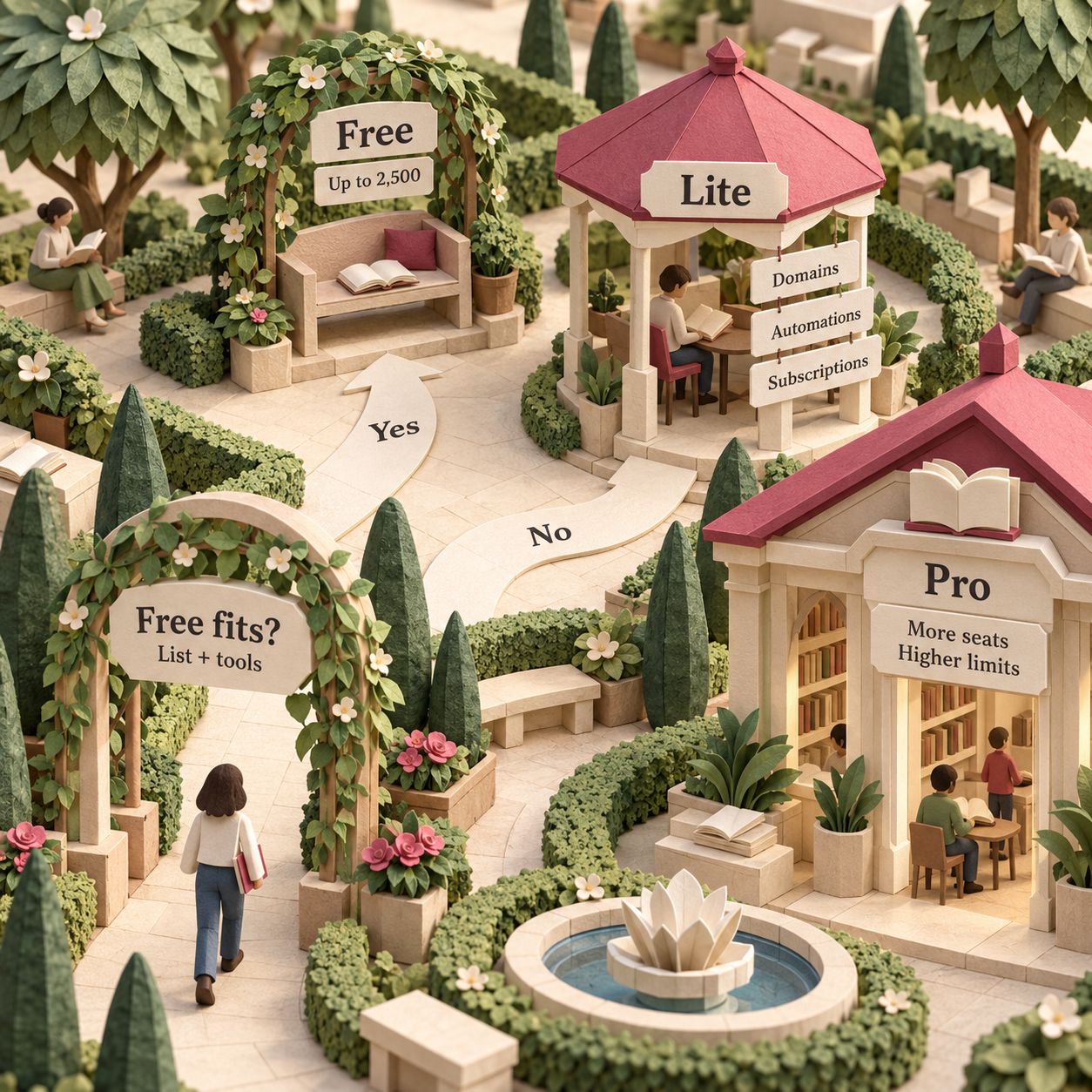 Un parcours de décision dans un jardin de papier oriente une petite newsletter vers Free, les outils de publication premium vers Lite et les besoins de capacité supérieure vers Pro