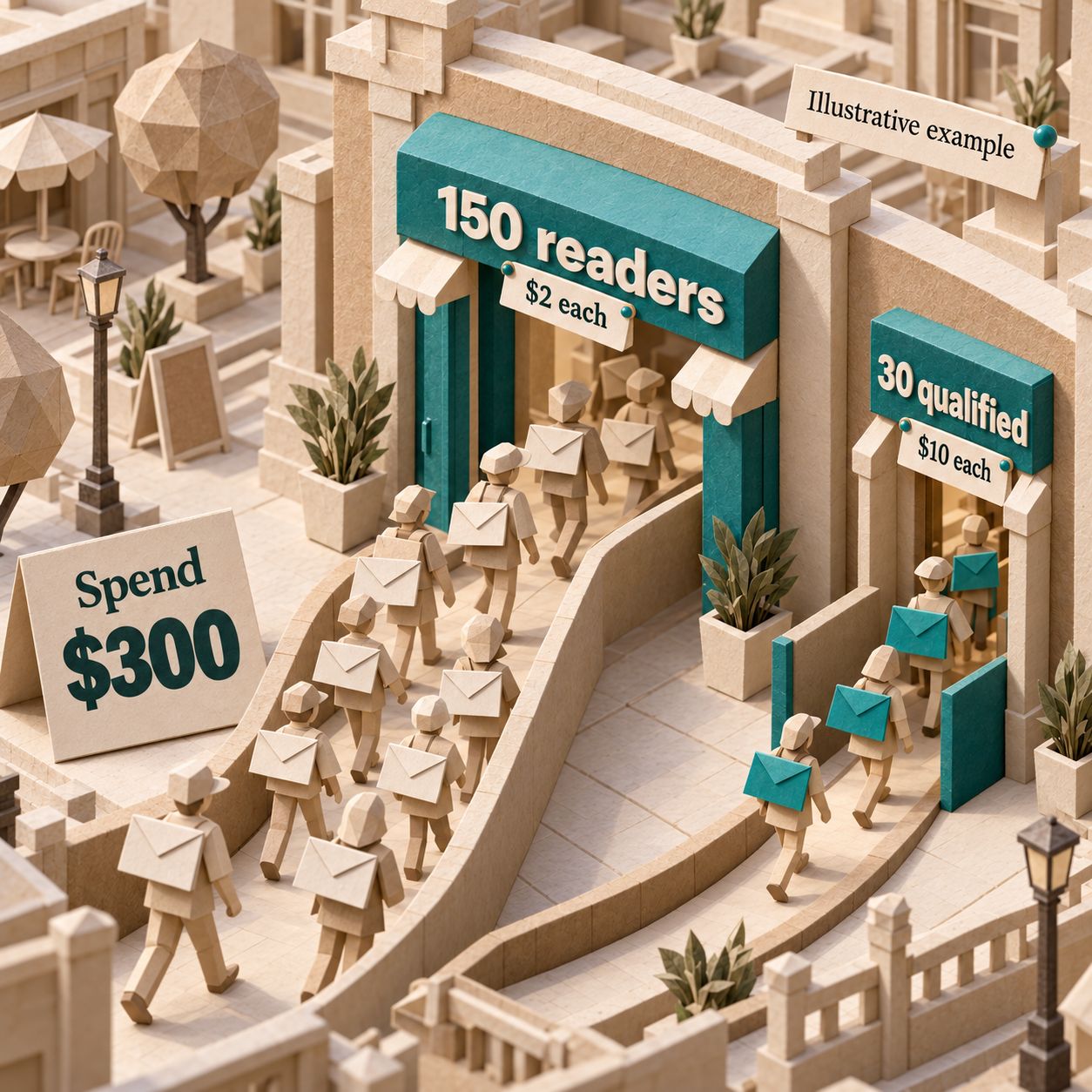 مثال توضيحي لاكتساب القراء: تجلب $300 عددًا قدره 150 قارئًا بتكلفة $2 للفرد، لكن تكلفة كل قارئ من بين 30 قارئًا مؤهلًا تبلغ $10