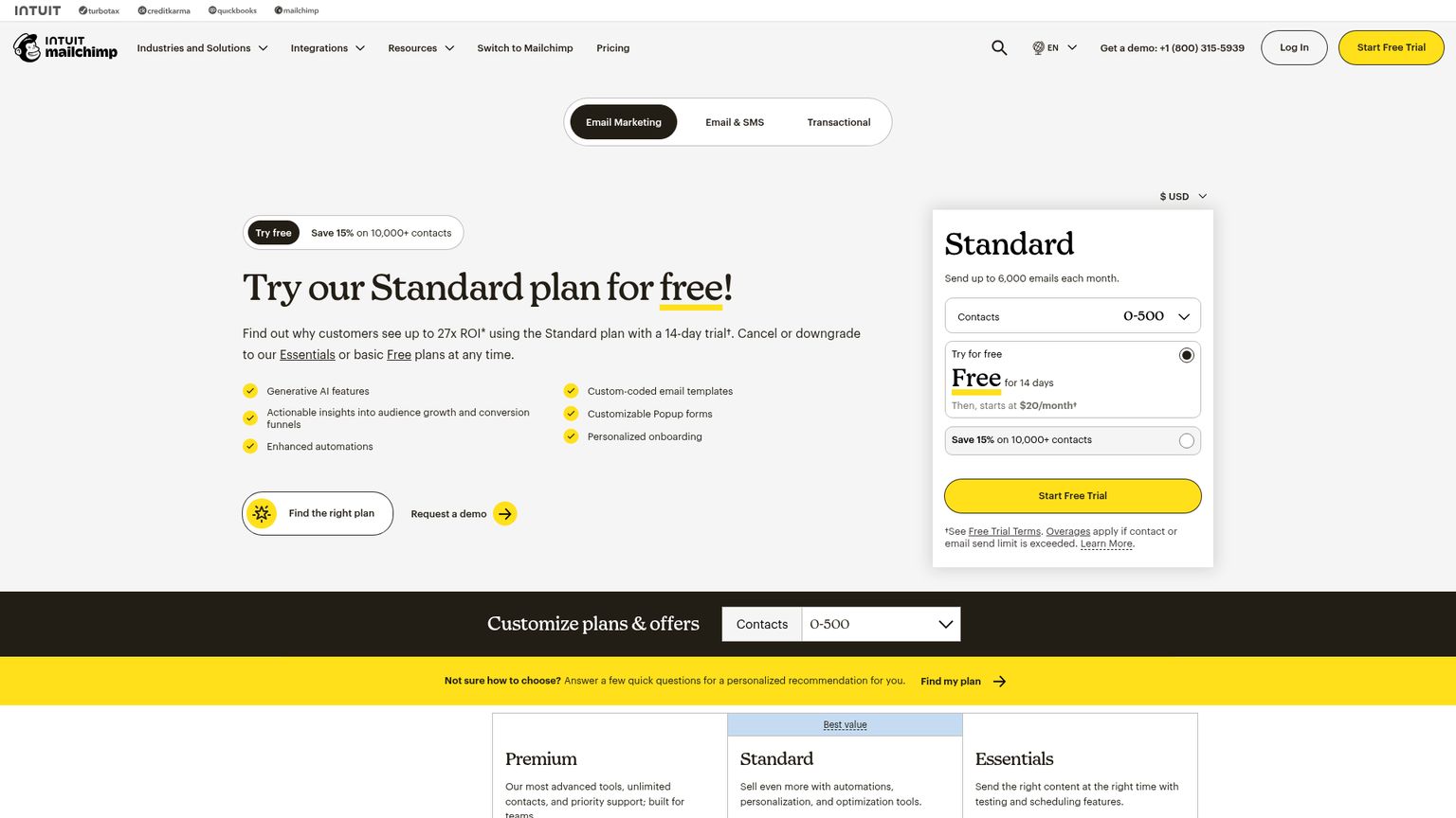 صفحة أسعار التسويق لدى Mailchimp ومقارنة الميزات