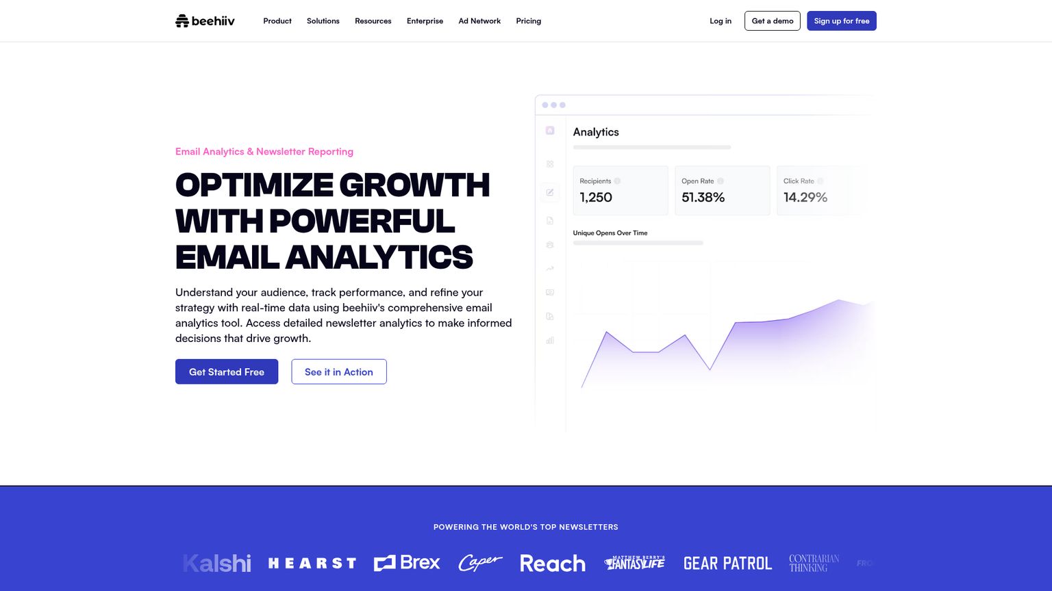 صفحة تحليلات beehiiv تعرض إمكانات إعداد تقارير النشرات البريدية