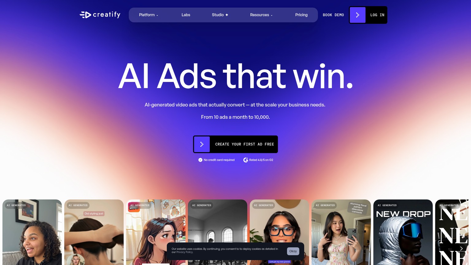 Creatify's live homepage introducing product-to-ad generation.