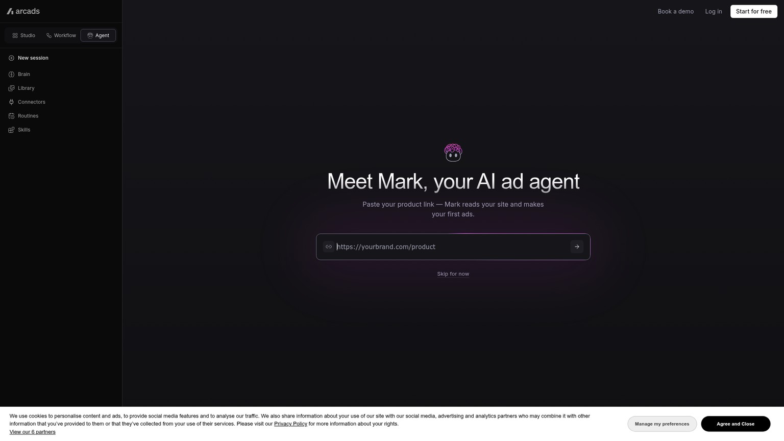 Arcads' live marketing page showing its AI ad production workspace.