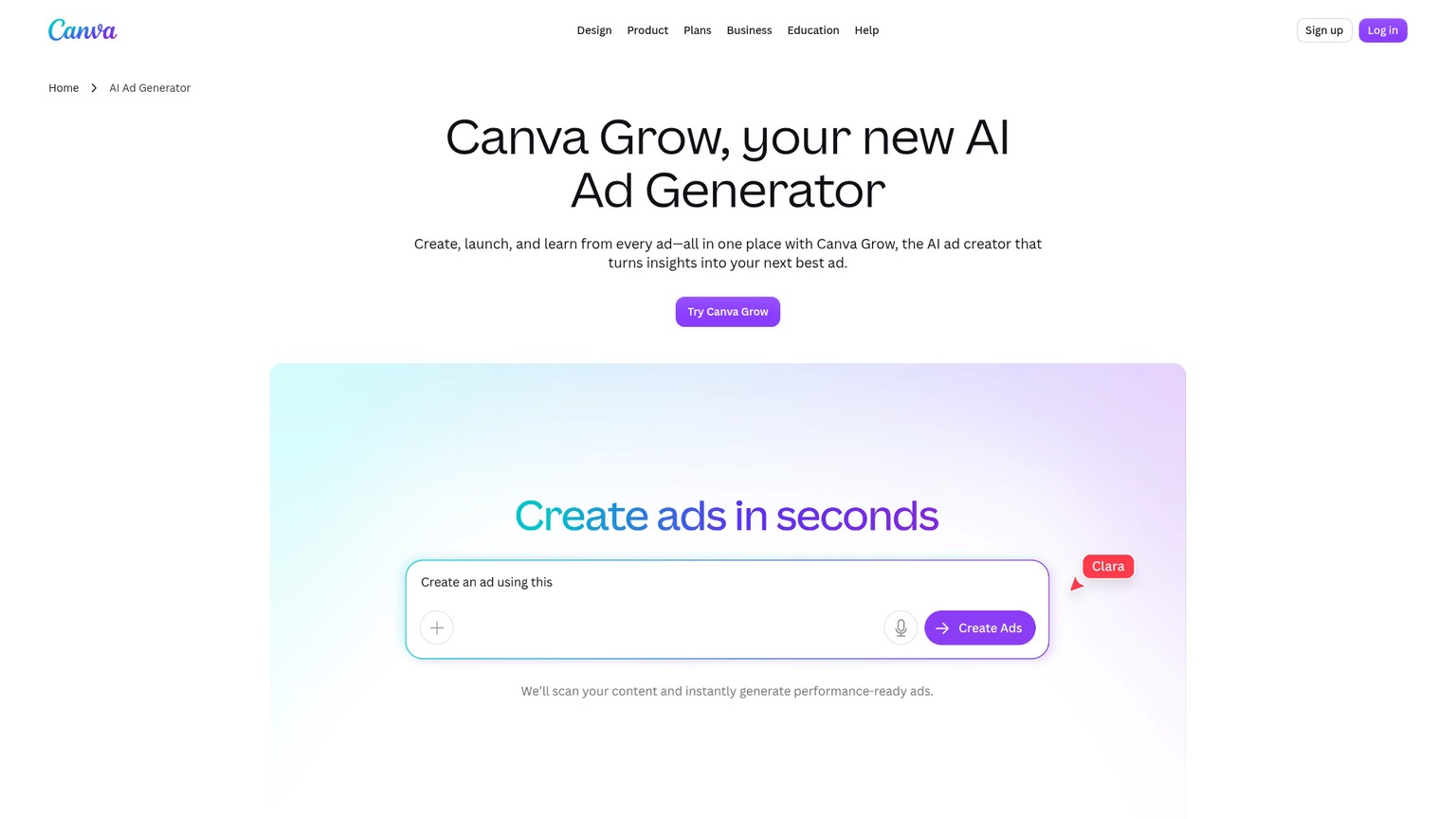 Canva's live Grow page showing its AI ad creation and publishing workflow.