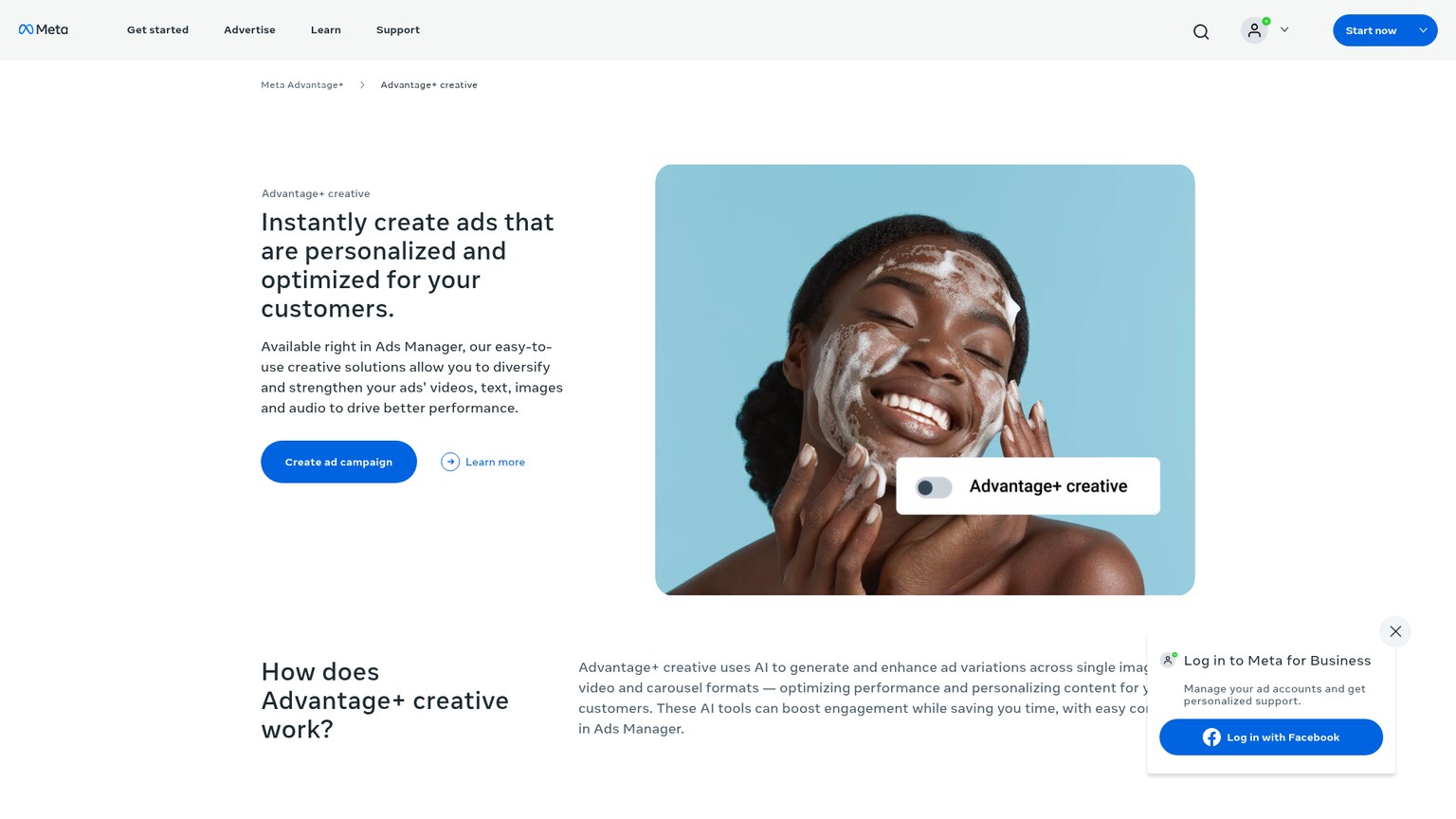 Meta's live Advantage+ creative page describing creative variations within Ads Manager.