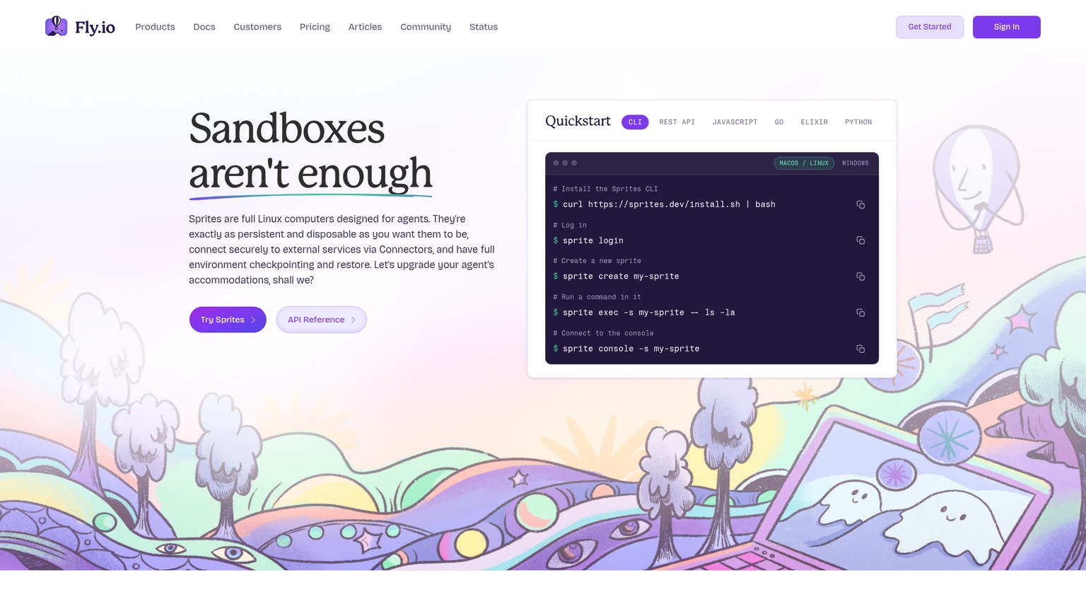 Fly.io Sprites Seite für persistente vollwertige Linux-Computer für Agenten