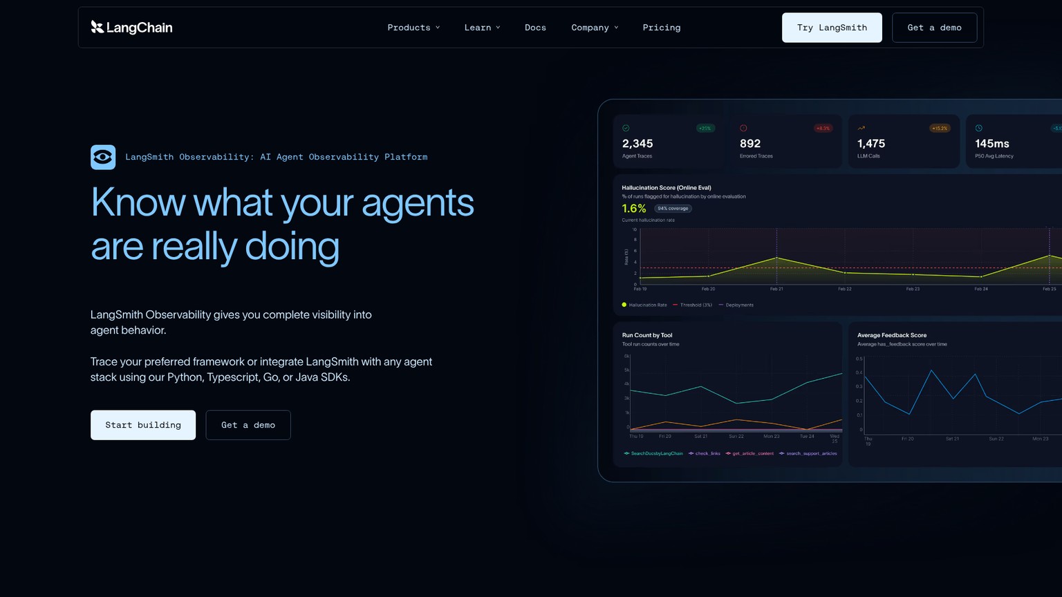 LangSmith platform showing agent traces, evaluation, and deployment controls