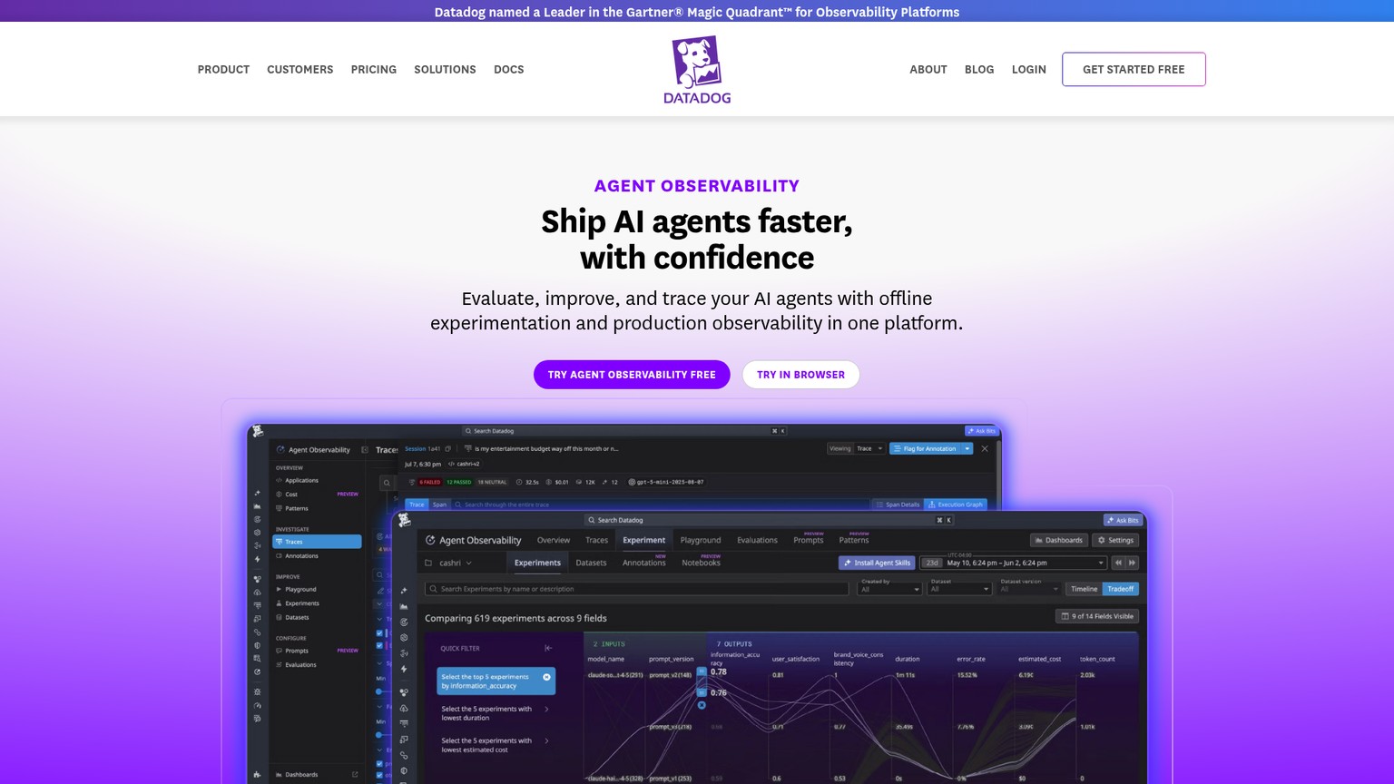 Datadog Agent Observability showing traces connected to application and infrastructure signals