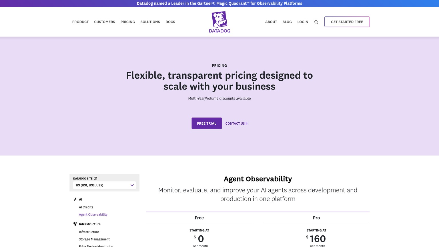 Datadog Agent Observability pricing page showing Free and Pro plans