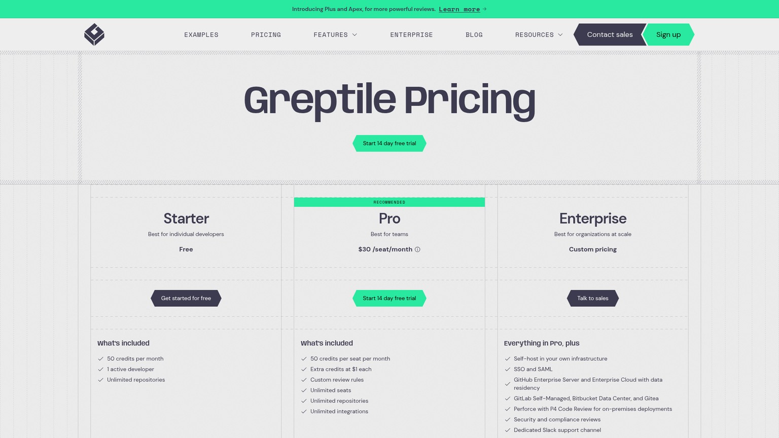 Starter、Pro、Enterpriseとレビュークレジットを掲載したGreptileの料金ページ