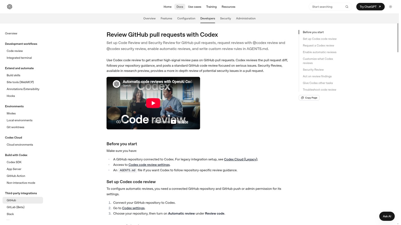 GitHubに連携したCodex code reviewについて説明するOpenAIのドキュメント