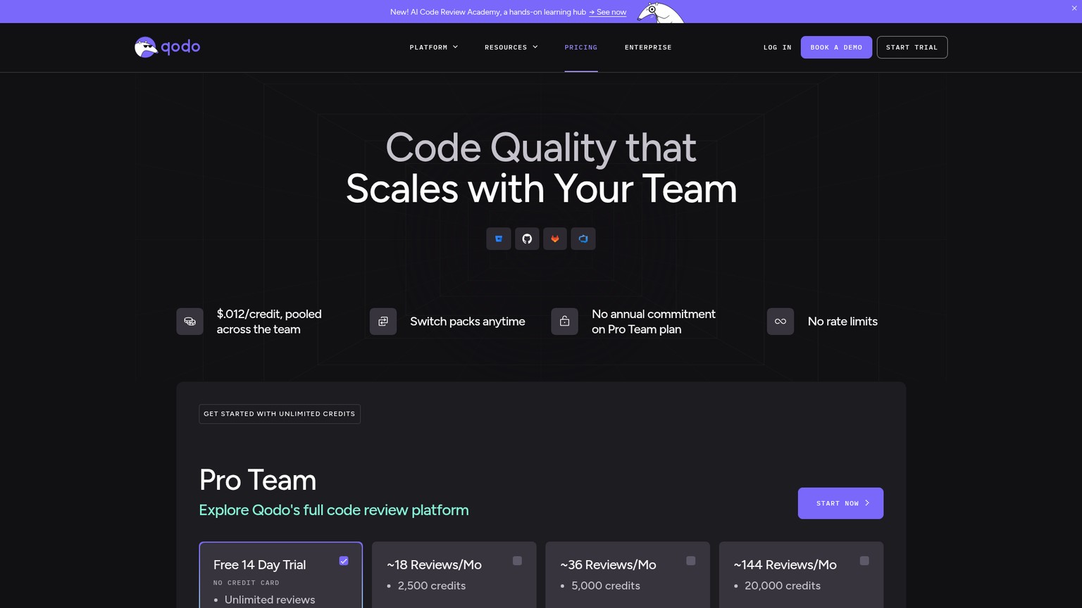 Qodo pricing page showing Pro Team review credits, trial, and Enterprise options