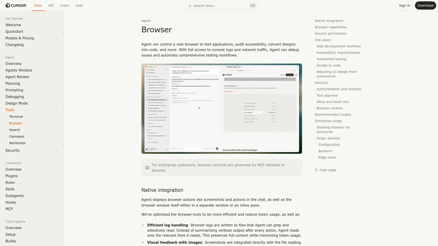 Dokumentation zu Cursor Browser mit integrierten Browser-Aktionen, Screenshots, Konsolenprotokollen und Netzwerkverkehr