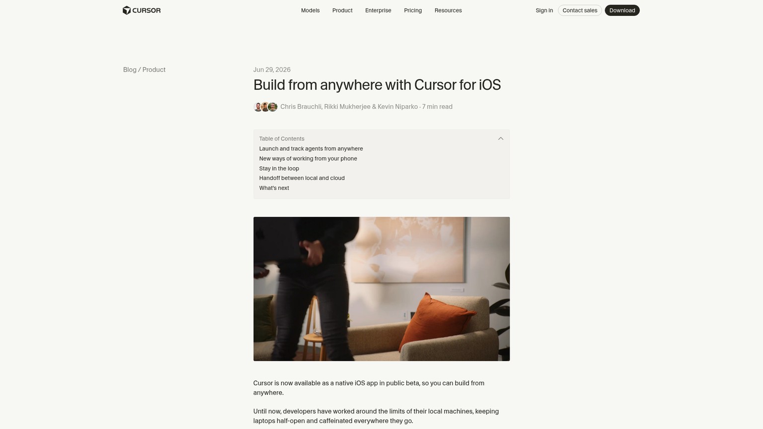 Ankündigung von Cursor for iOS mit mobilem Start, Prüfung und Übergabe von Agenten zwischen lokalem System und Cloud