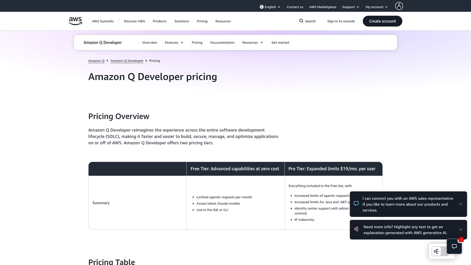 Amazon Q Developer pricing screenshot