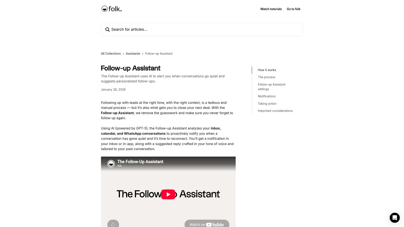 folk의 Follow-up Assistant 문서에 대화 중단 감지, 설정, 후속 연락 제안이 보입니다.