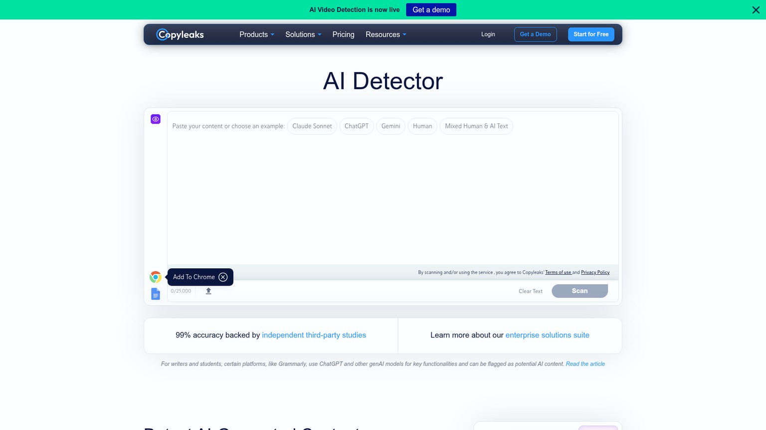 Copyleaks AIコンテンツ検出ツールのインターフェース