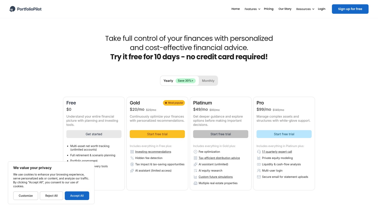 PortfolioPilot plans and portfolio analysis pricing