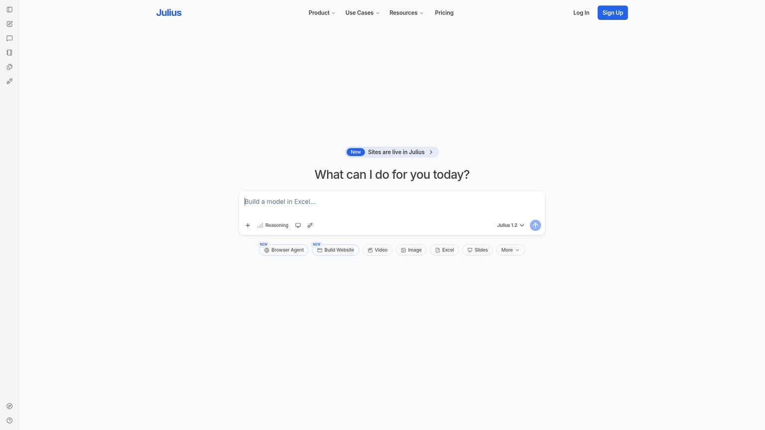 Homepage di Julius AI con l'area di lavoro conversazionale per analisi dati