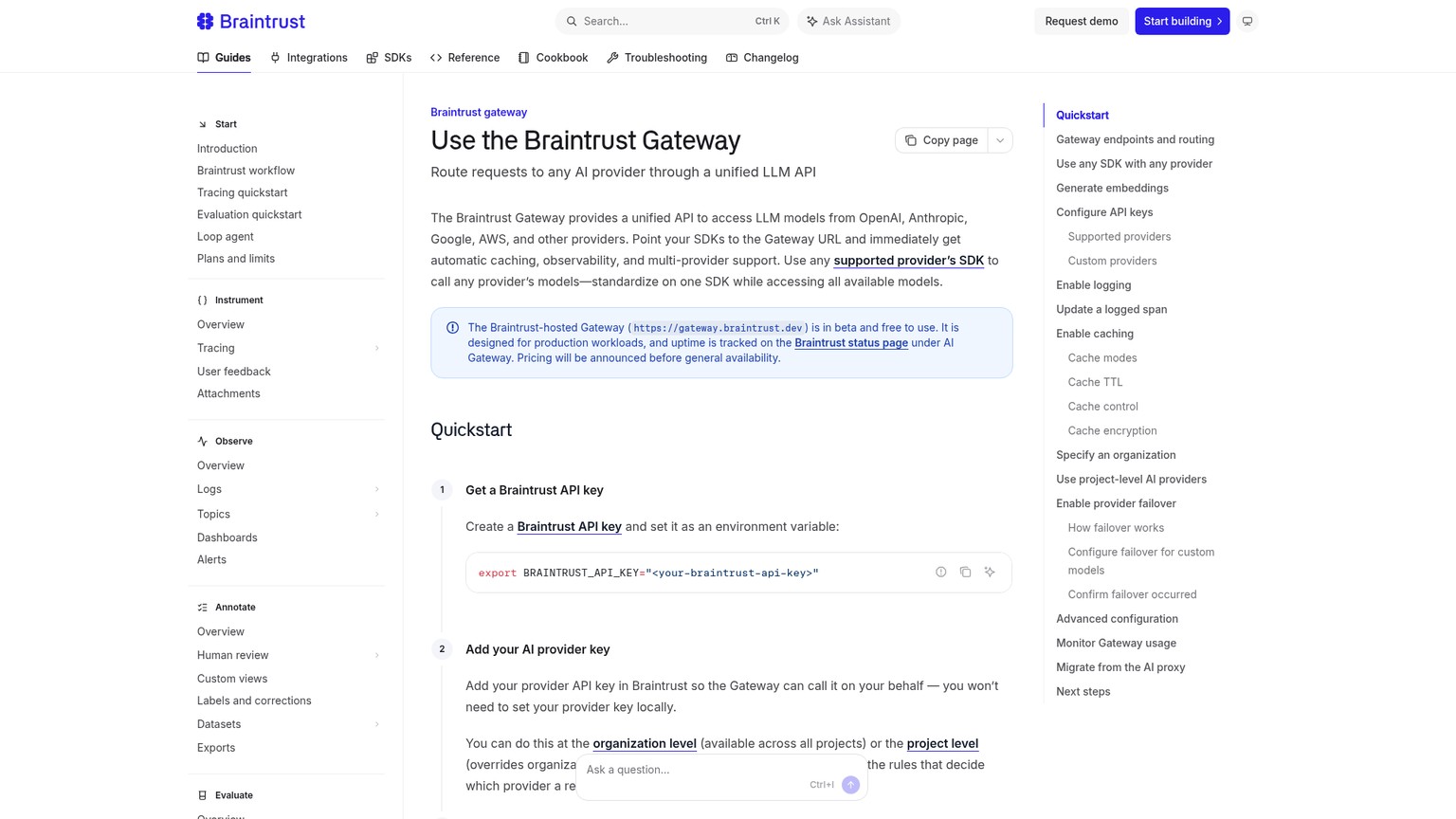 وثائق Braintrust Gateway ودليل البدء السريع