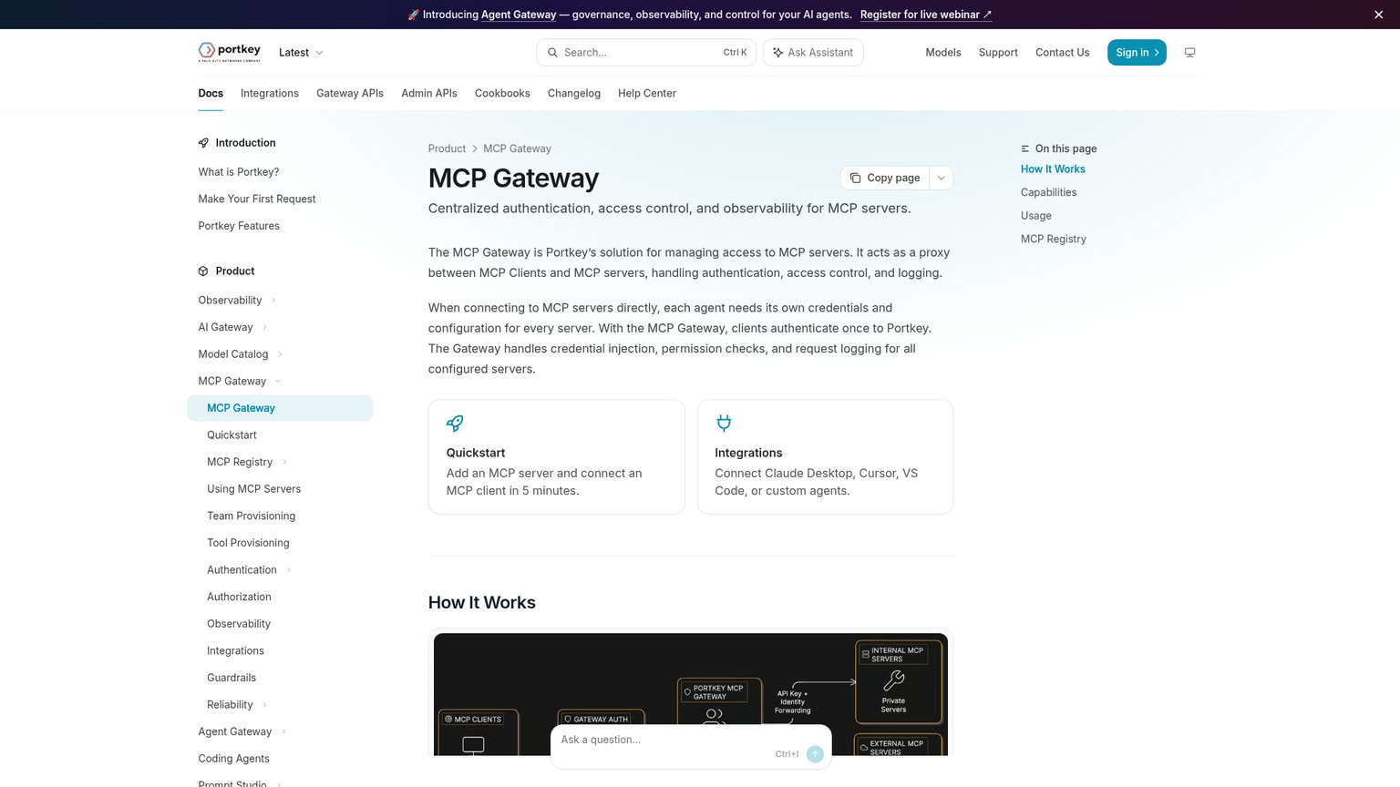 Documentation de Portkey MCP Gateway montrant l'accès centralisé aux serveurs MCP