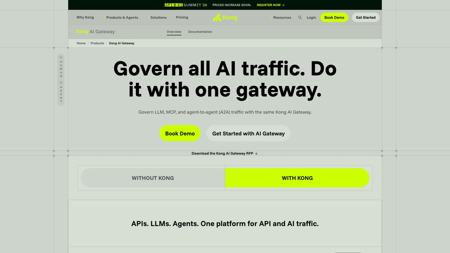 Page produit de Kong AI Gateway montrant la gouvernance du trafic IA d'entreprise