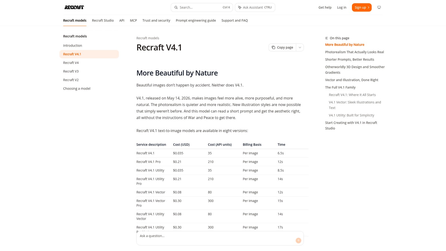 Recraft V4.1 model family and vector design examples