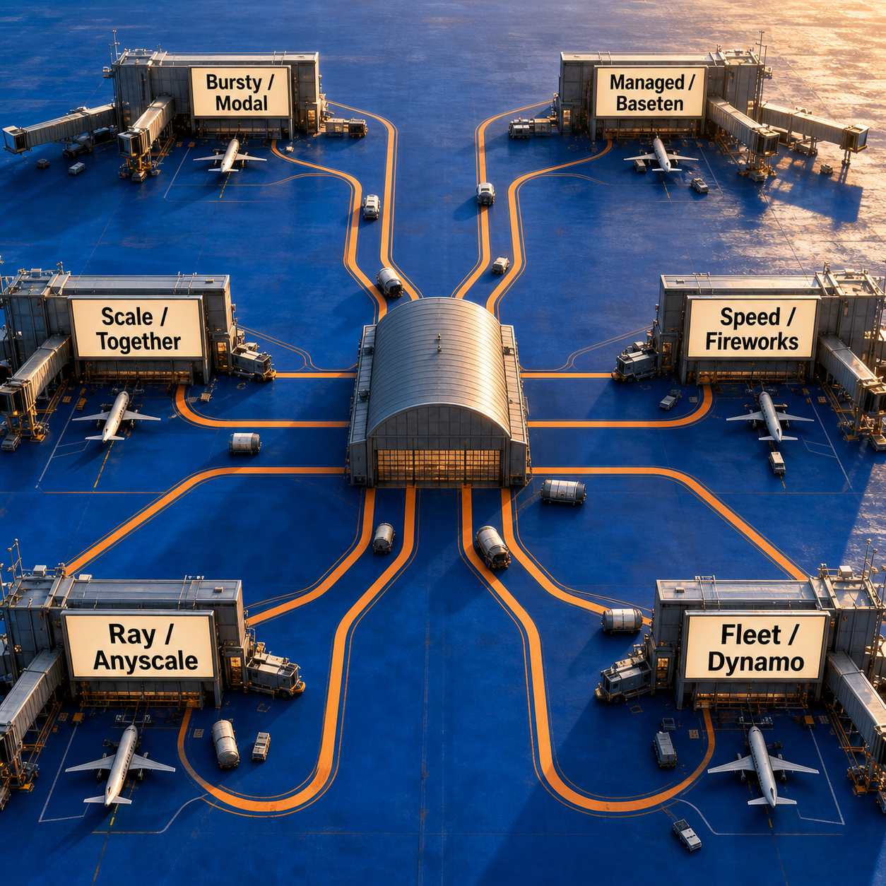 Airport taxiways route bursty, managed, scale, speed, Ray, and fleet workloads to the six recommended platforms