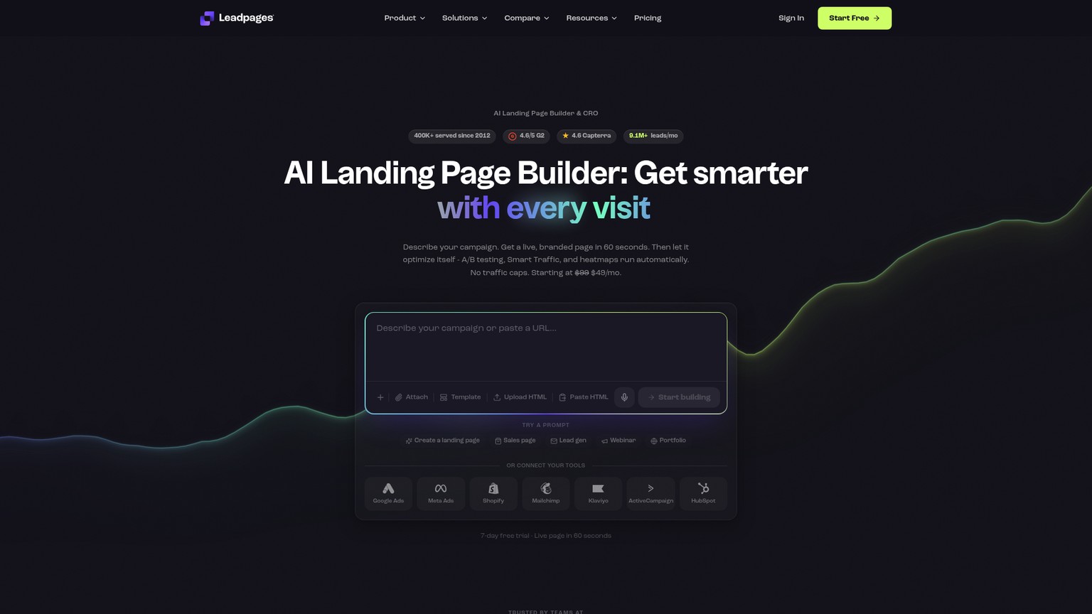 Leadpages pricing and builder homepage