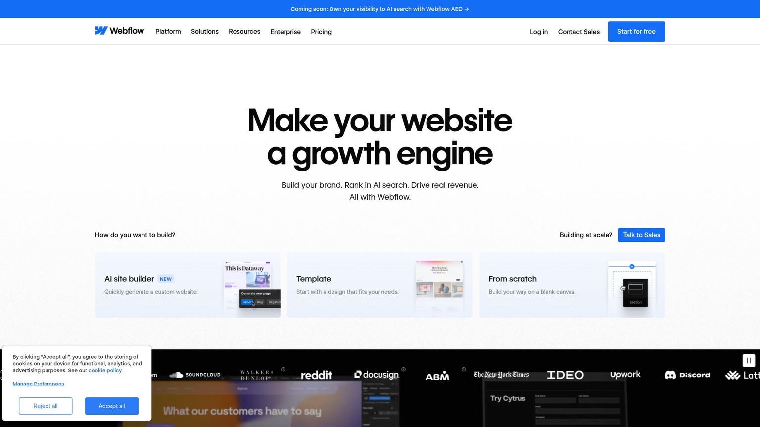 Webflow AI-native site and landing page platform homepage