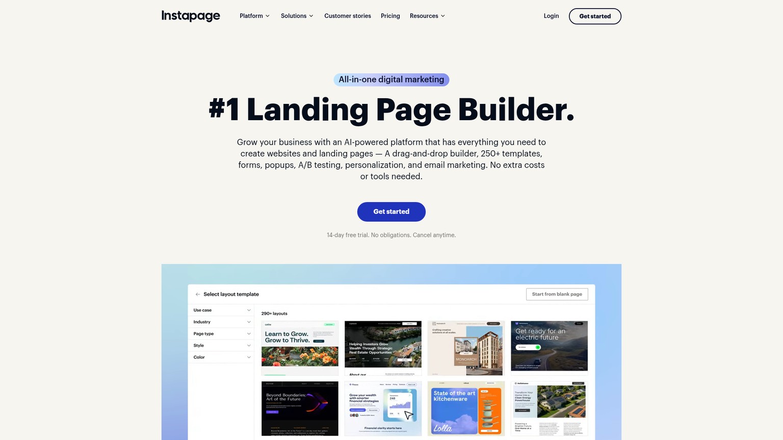 Instapage advertising landing page platform homepage