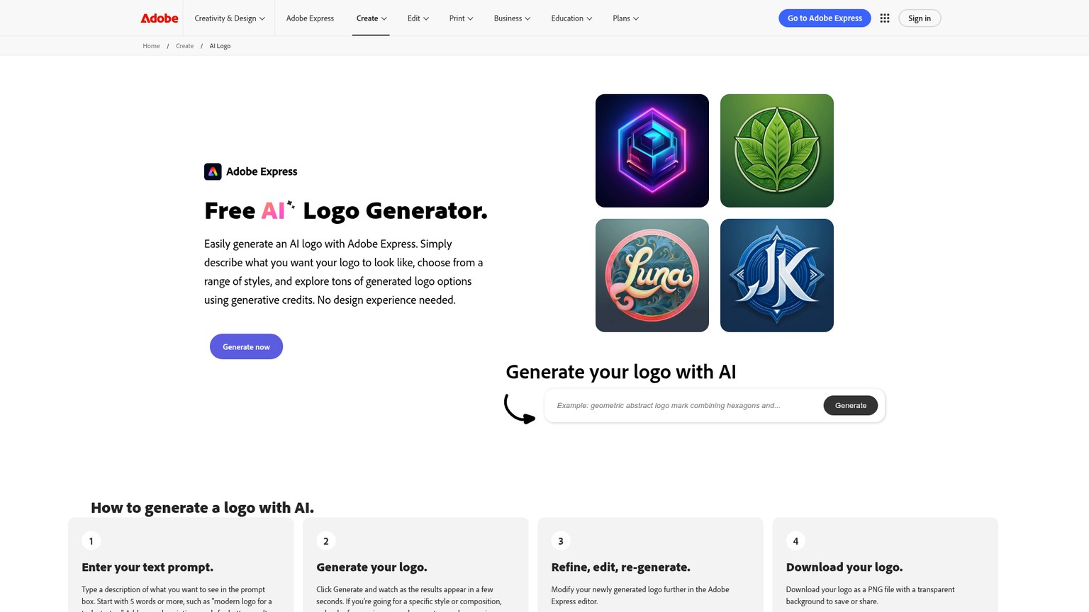 Kostenloser KI-Logo-Generator in Adobe Express mit Prompt-Workflow und transparentem PNG