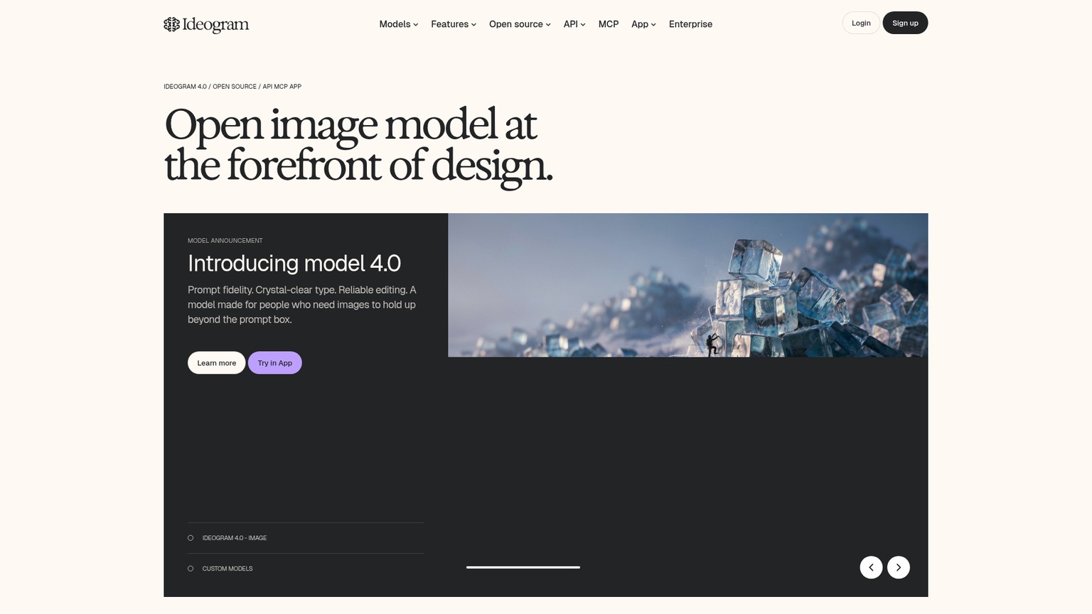 Seite von Ideogram 4.0 zu klarer Typografie, Bearbeitung und Transparenz