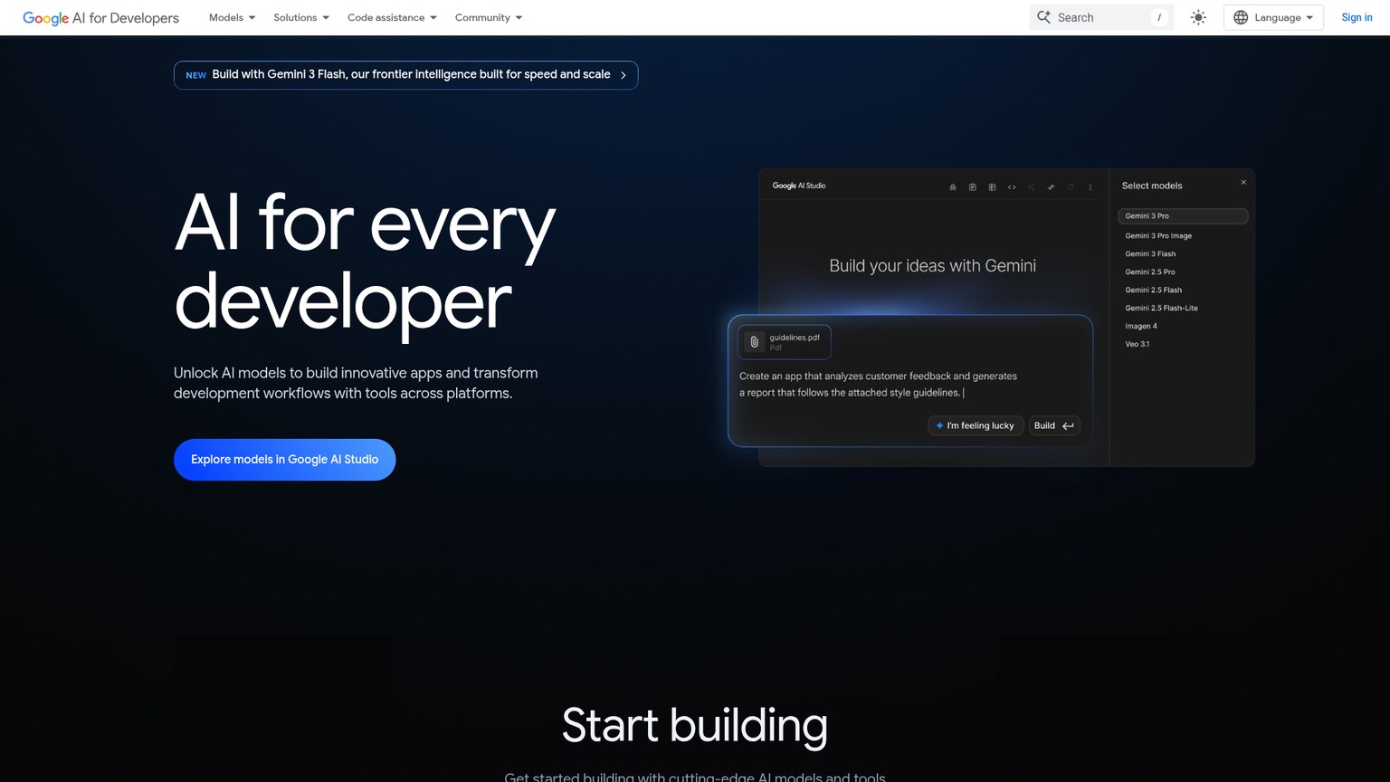 Google AI for Developers Gemini page