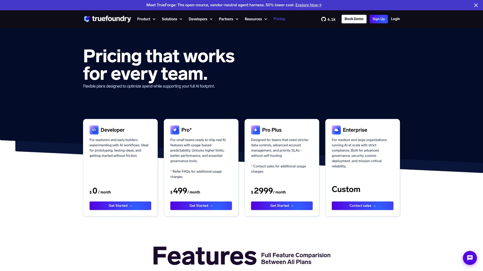 Página de precios de TrueFoundry con los niveles Developer, Pro, Pro Plus y Enterprise