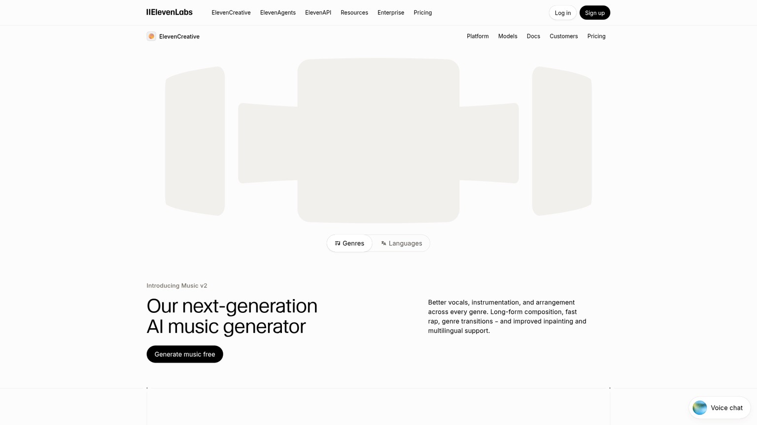 Interface ElevenLabs Music permettant de générer et de modifier une musique complète à partir de prompts textuels